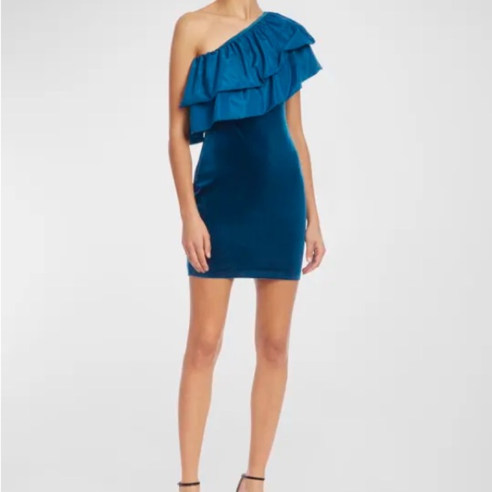 One33 Social Elegant One Shoulder Peacock Blue Ruffle Velvet Dress